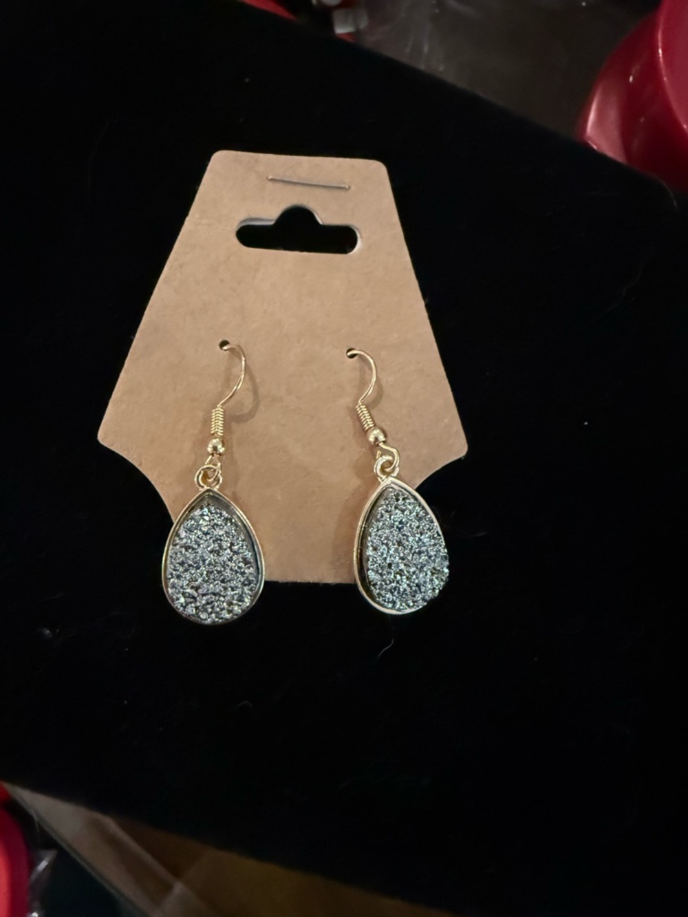Gold Teardrop Druzy Earrings - Sparkling Silver Tone